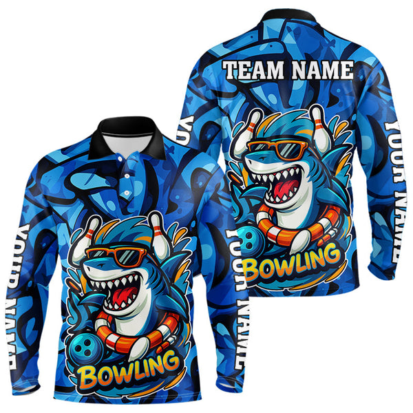Maxcorners Funny Blue Camo Shark Men Bowling Polo, Quarter Zip Shirts Custom Team Shark Bowling Outfit Jersey