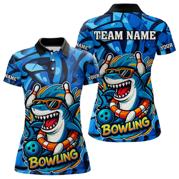 Maxcorners Funny Blue Camo Shark Men Bowling Polo, Quarter Zip Shirts Custom Team Shark Bowling Outfit Jersey