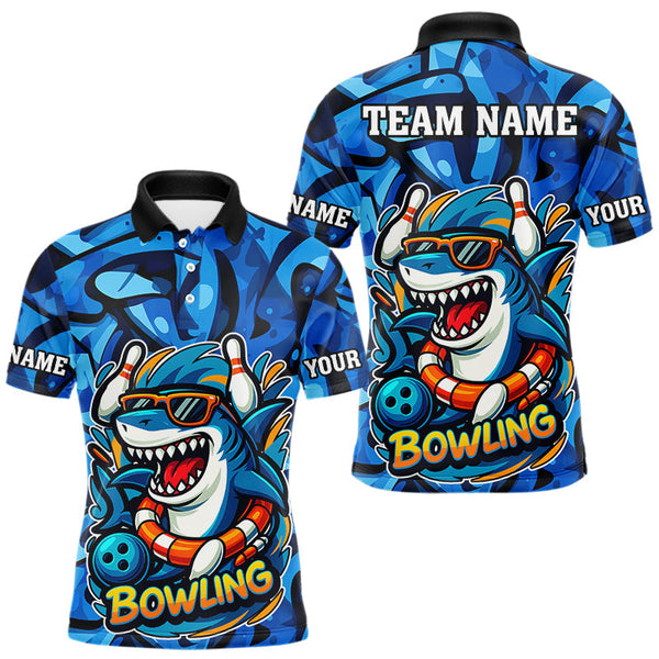 Maxcorners Funny Blue Camo Shark Men Bowling Polo, Quarter Zip Shirts Custom Team Shark Bowling Outfit Jersey