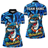 Maxcorners Funny Blue Camo Shark Men Bowling Polo, Quarter Zip Shirts Custom Team Shark Bowling Outfit Jersey