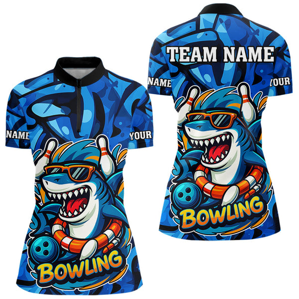 Maxcorners Funny Blue Camo Shark Men Bowling Polo, Quarter Zip Shirts Custom Team Shark Bowling Outfit Jersey