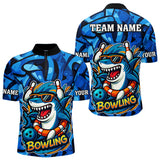 Maxcorners Funny Blue Camo Shark Men Bowling Polo, Quarter Zip Shirts Custom Team Shark Bowling Outfit Jersey