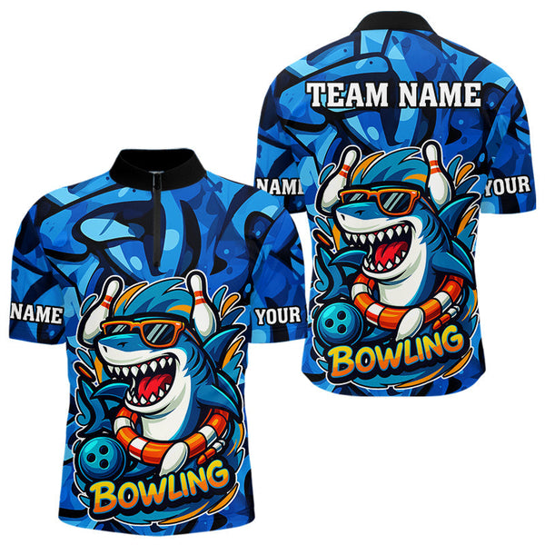 Maxcorners Funny Blue Camo Shark Men Bowling Polo, Quarter Zip Shirts Custom Team Shark Bowling Outfit Jersey