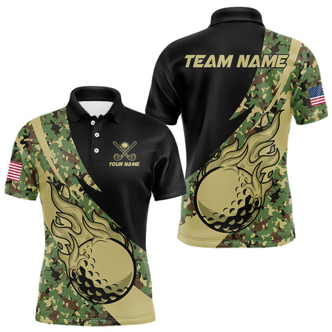 Maxcorners Mens Golf polo shirts flame golf ball Custom green camo Golf attire For Mens, personalized golf gifts LM0706