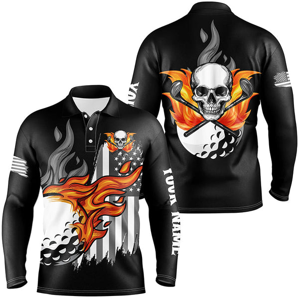 Maxcorners Black and white American flag flame skull Men golf polo shirts custom patriotic men's golf clothing