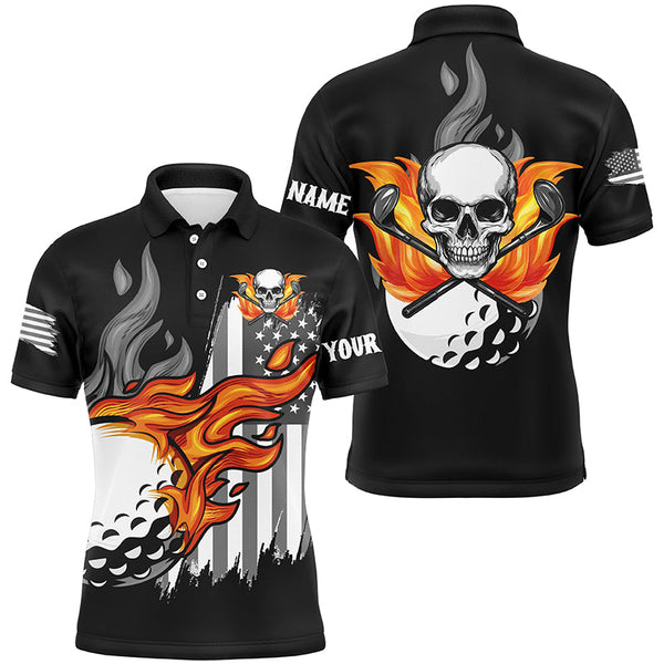 Maxcorners Black and white American flag flame skull Men golf polo shirts custom patriotic men's golf clothing