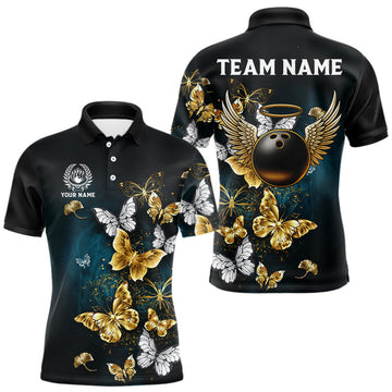 Maxcorners Custom Gold Butterflies Bowling Shirts For Men, Personalized Team Bowling Polo & Quarter-Zip Shirts LM1903