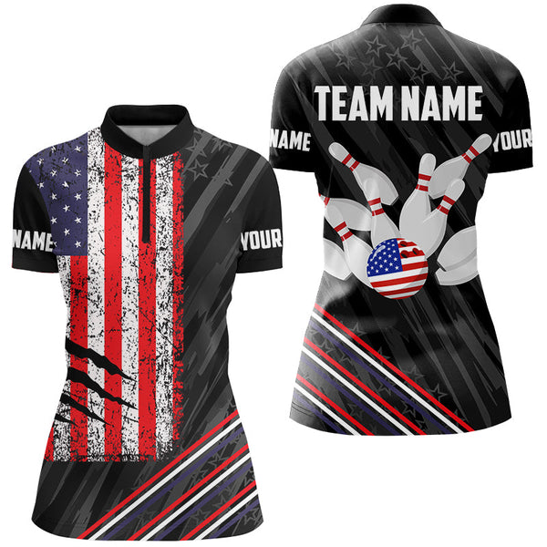 Maxcorners Personalized Black Camo American Flag Bowling Team Shirts, Patriotic Bowling Gifts For Bowlers