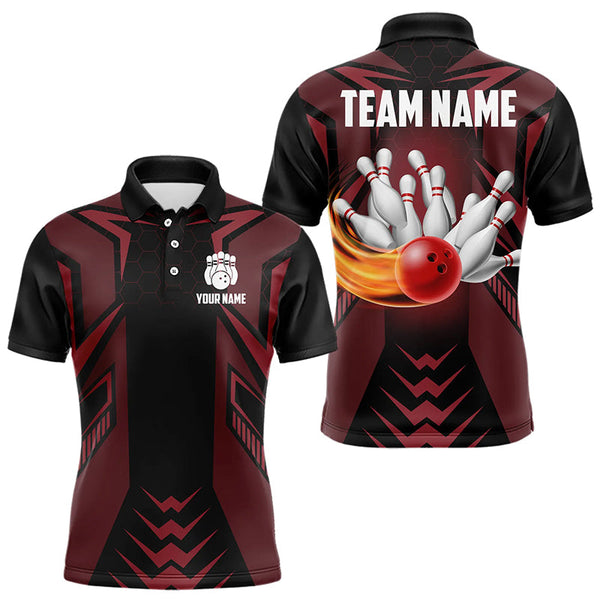 Maxcorners Personalized Black And Red Flame Bowling Polo Shirts Custom Bowling Team Jerseys