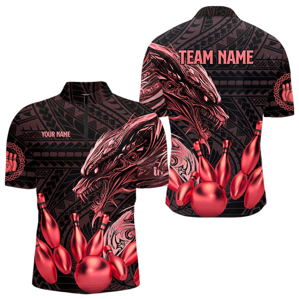 Maxcorners Black And Red Dragon Tribal Bowling Polo, 1/4 Zip Shirts For Men & Women Custom Retro Bowling Team Jerseys