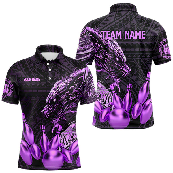 Maxcorners Black And Purple Dragon Tribal Bowling Polo, 1/4 Zip Shirts For Men & Women Custom Retro Bowling Team Jerseys