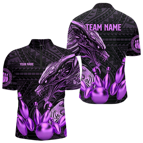 Maxcorners Black And Purple Dragon Tribal Bowling Polo, 1/4 Zip Shirts For Men & Women Custom Retro Bowling Team Jerseys