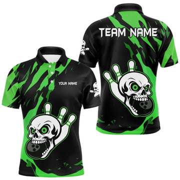 Maxcorners Black and Green Skull Bowling Shirts for Men Custom Team bowling jersey, gift for bowlers LM0503