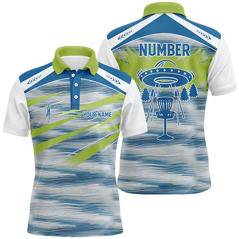 Maxcorners Mens disc golf polo shirt custom blue camo Alien disc golf basket, personalized disc golf gift MT0510