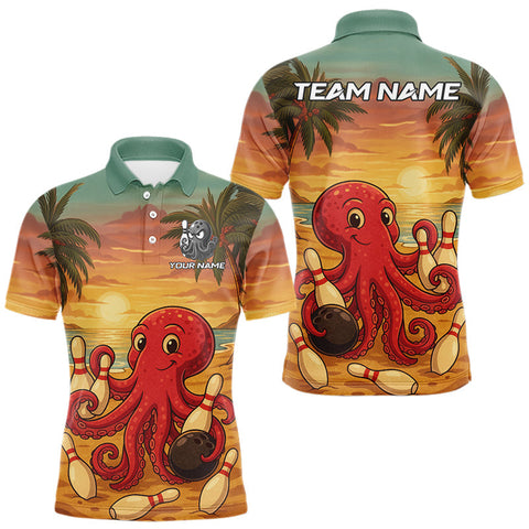 Maxcorners Funny Octopus Bowling Polo, Quarter Zip shirts for Men Custom Octopus Team bowling jersey TU0309