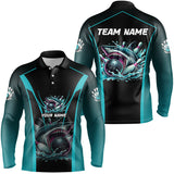 Maxcorners Cyan Blue Shark Bowling Team Men bowling shirts Custom Team Bowling League Jerseys, Uniform Outfits