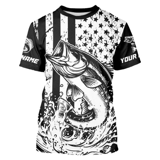 Maxcorners Black and White American Flag Largemouth Bass Fishing Custom patriotic Bass fishing jerseys MT2108