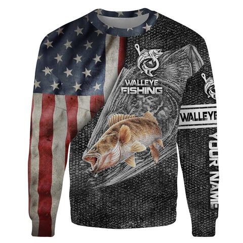 Maxcorners Walleye Fishing American Flag Patriotic Customize Name 3D Shirts
