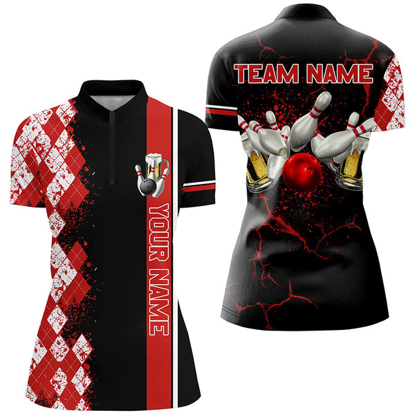 Maxcorners Black And Red Argyle Pattern Bowling Beer Custom Bowling Shirts Bowling Team League Jerseys For Men And Women