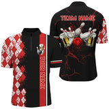 Maxcorners Bowling Black And Red Argyle Pattern Beer Customized Name, Team Name 3D Polo Shirt Unisex