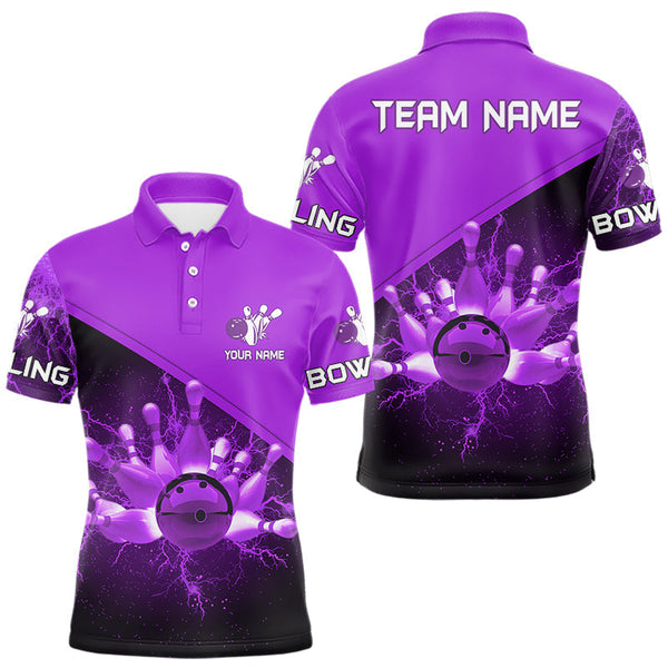 Maxcorners Men bowling polo, quarter zip shirts Custom purple lightning thunder Bowling Team Jersey Bowlers Gift TU0309