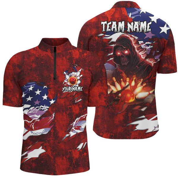 Maxcorners Personalized Red Grunge American flag Skull Bowling shirt for Men Custom Team's Name Bowler Jerseys