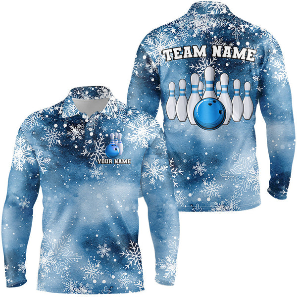 Maxcorners Blue Snowflake Christmas pattern Men's Bowling shirt Custom Christmas Team Bowling League Jersey