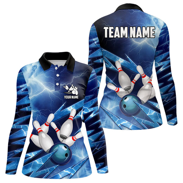 Maxcorners Blue Lightning Thunder Storm Bowling Polo Shirt For Women Custom Bowling Team Jersey