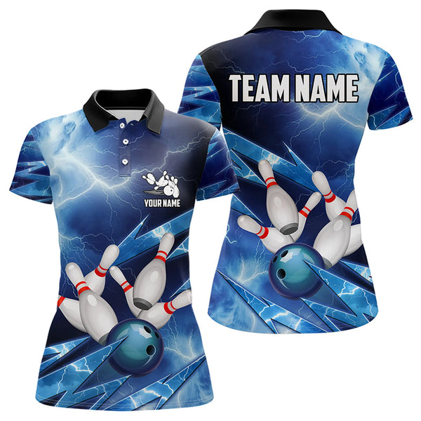 Maxcorners Blue Lightning Thunder Storm Bowling Polo Shirt For Women Custom Bowling Team Jersey