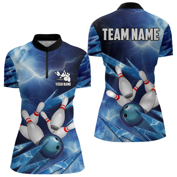Maxcorners Blue Lightning Thunder Storm Bowling Polo Shirt For Women Custom Bowling Team Jersey