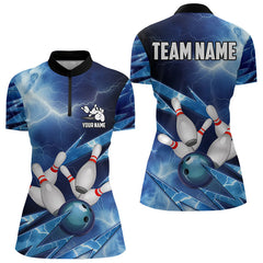 Maxcorners Blue Lightning Thunder Storm Bowling Polo Shirt For Women Custom Bowling Team Jersey