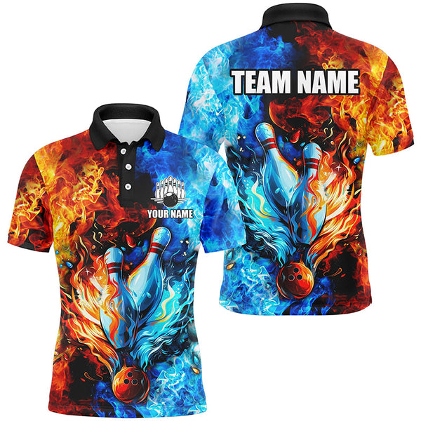 MaxCorners Bowling And Pins Blue And Orange Two Sides Flame Customized Name 3D Polo Shirt Unisex