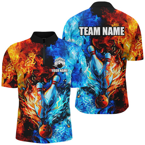 MaxCorners Bowling And Pins Blue And Orange Two Sides Flame Customized Name, Team Name 3D Stand Collar Zipper Polo Shirt For Men