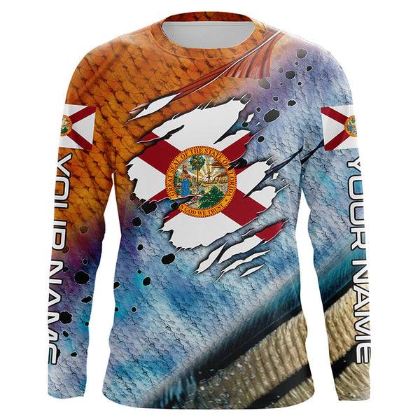 Maxcorners nshore slam redfish trout snook scales Florida flag Custom patriotic fishing long sleeve shirts MT2108