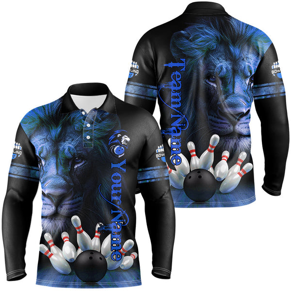 Maxcorners Lion Bowling Polo, Quarter Zip Shirts For Men Custom Bowling League Shirt Team Jerseys Outfits | Blue