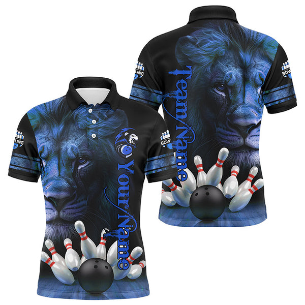 Maxcorners Lion Bowling Polo, Quarter Zip Shirts For Men Custom Bowling League Shirt Team Jerseys Outfits | Blue