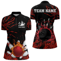 Maxcorners Black And Red Flame Bowling Polo Shirts For Men And Women Custom Team Mens Bowling Jersey
