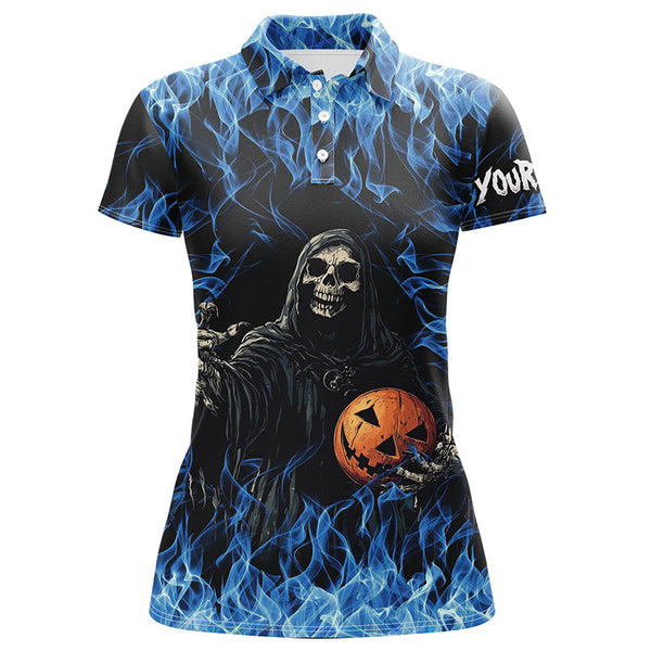 Maxcorners Bowling Ball And Pins Blue Flame Halloween Skull Customized Name, Team Name 3D Shirt