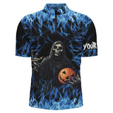 Maxcorners Bowling Ball And Pins Blue Flame Halloween Skull Customized Name, Team Name 3D Shirt