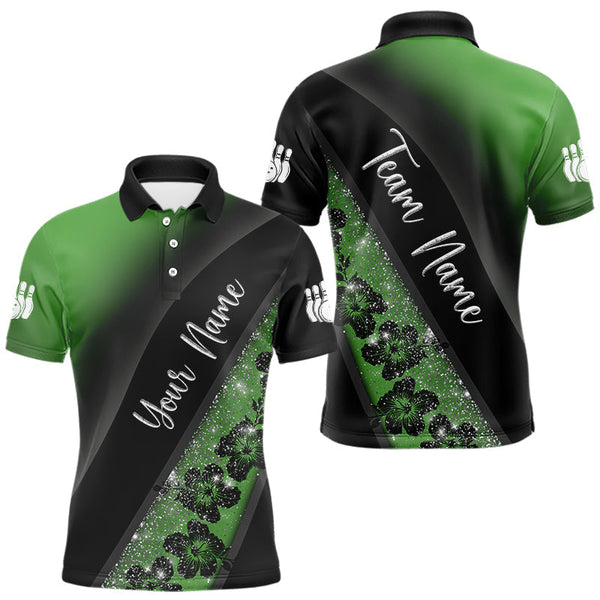 Maxcorners Black and Green Glitter Flower Bowling Polo, Quarter Zip Shirt for Men Custom Bowling Team Jerseys  LM0803