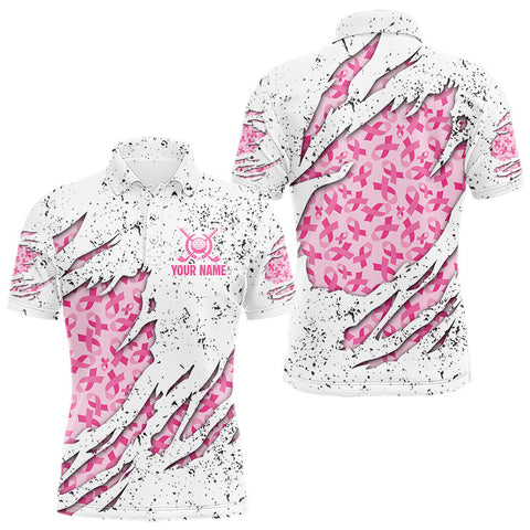 Maxcorners Pink ribbon white grunge pattern Mens golf polo shirt custom breast cancer awareness mens golf top MT0708