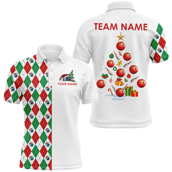 Maxcorners Red, Green and White argyle pattern Christmas tree Bowling Shirts for Men Custom Team Bowling jersey