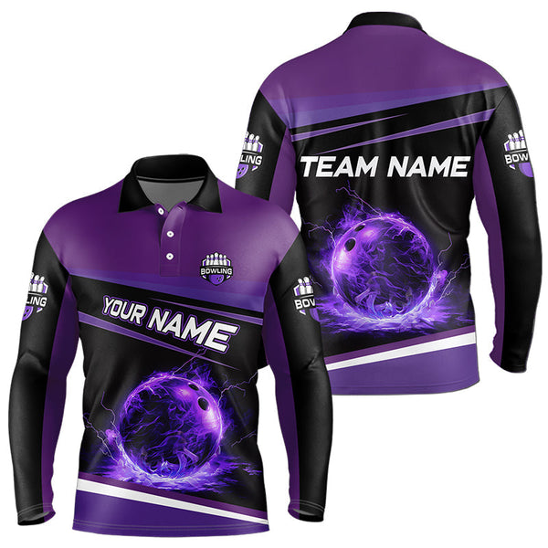 Maxcorners Black And Purple Lighting Flame For Mens And Women Bowling Polo Shirt Custom Team Bowling Jerseys