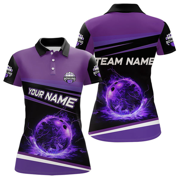 Maxcorners Black And Purple Lighting Flame For Mens And Women Bowling Polo Shirt Custom Team Bowling Jerseys