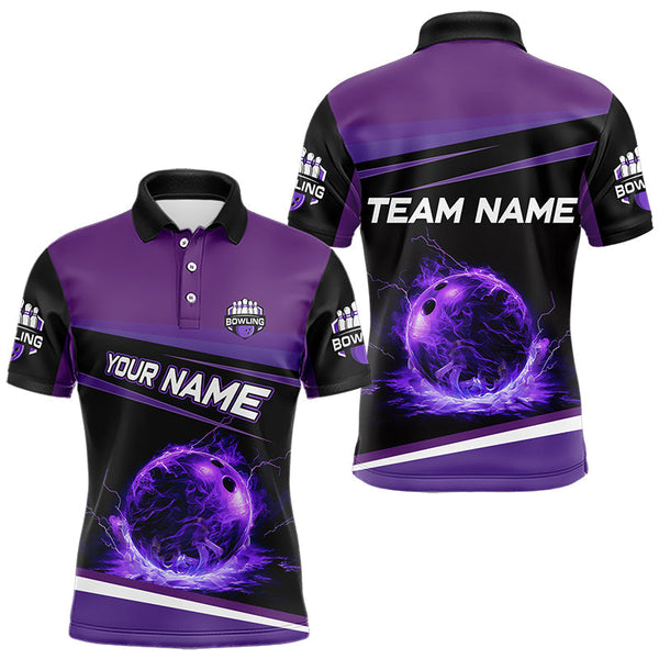 Maxcorners Black And Purple Lighting Flame For Mens And Women Bowling Polo Shirt Custom Team Bowling Jerseys