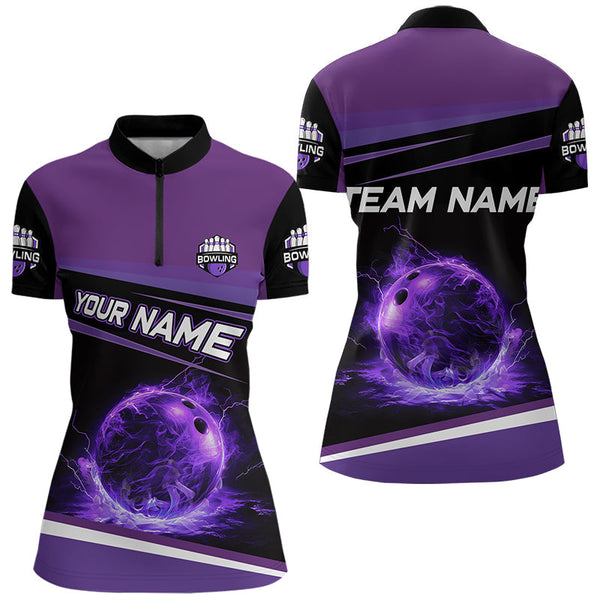 Maxcorners Black And Purple Lighting Flame For Mens And Women Bowling Polo Shirt Custom Team Bowling Jerseys