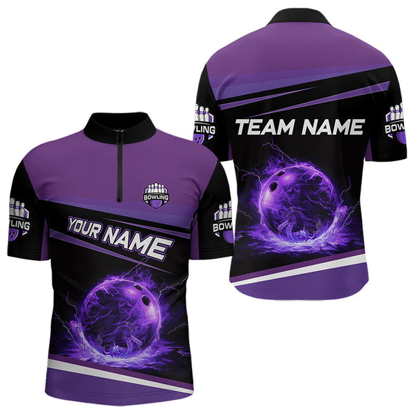 Maxcorners Black And Purple Lighting Flame For Mens And Women Bowling Polo Shirt Custom Team Bowling Jerseys