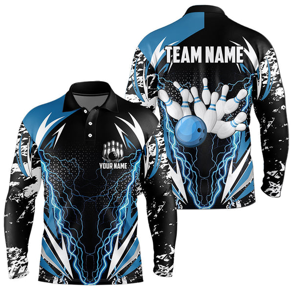 Maxcorners Black And Blue Lighting Thunder Camo For Mens And Women Bowling Polo Shirt Custom Team Bowling Jerseys