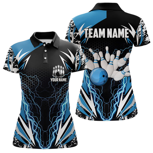 Maxcorners Black And Blue Lighting Thunder Camo For Mens And Women Bowling Polo Shirt Custom Team Bowling Jerseys