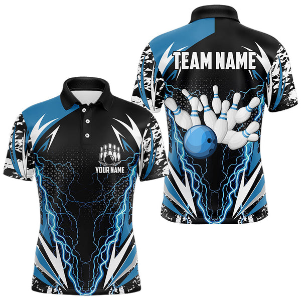 Maxcorners Black And Blue Lighting Thunder Camo For Mens And Women Bowling Polo Shirt Custom Team Bowling Jerseys